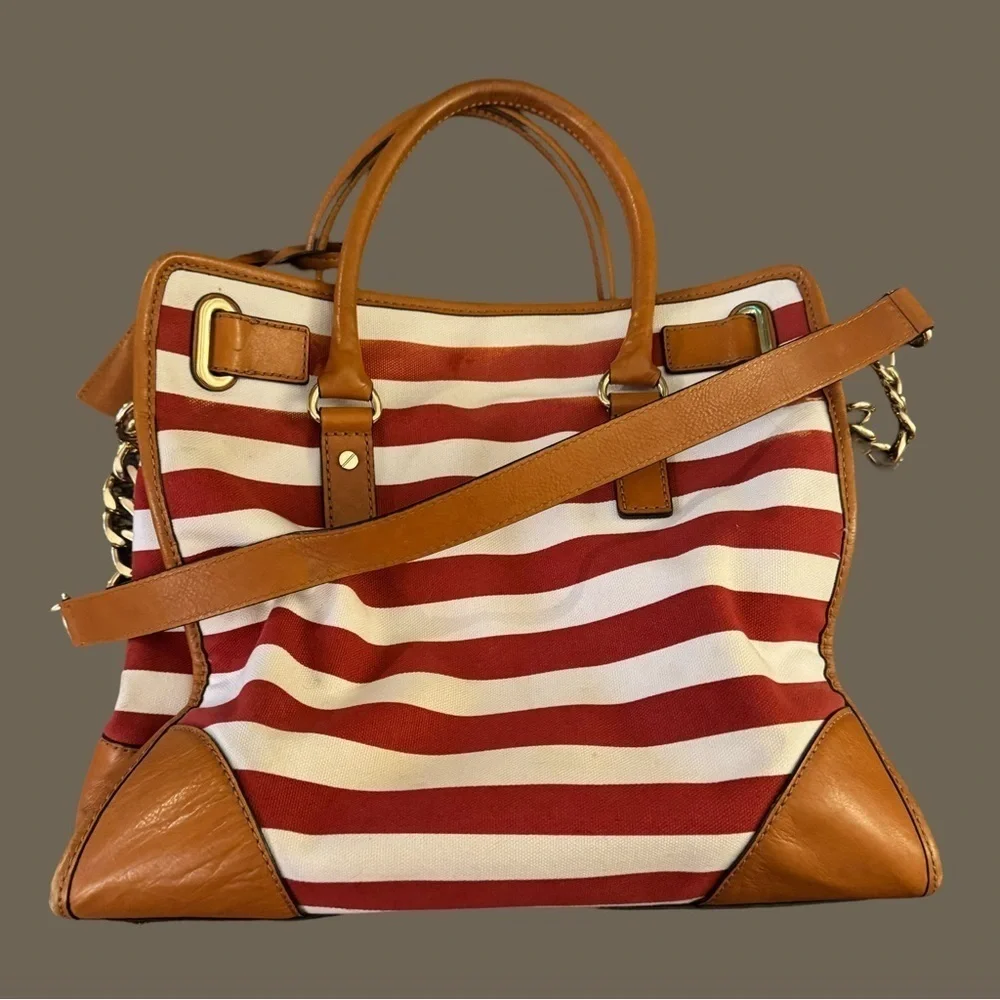 MICHAEL KORS Red and White Striped Hamilton Bag